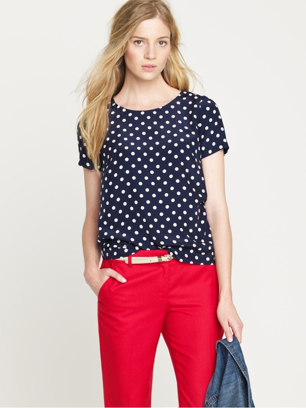 J.Crew 100% Silk Navy White Polka Dot Blouse Short Sleeve Tee Size 0 #41348 2011